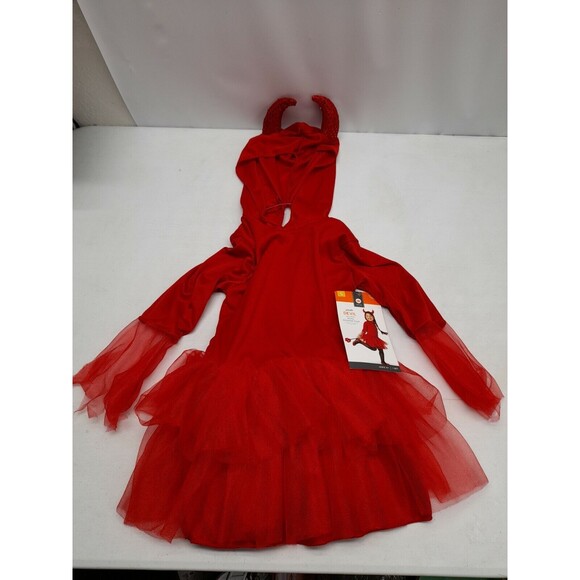 Devil Red Dress Costume Costplay Girl Tulle Skirt attached Horns Hood S (4-6) - Picture 4 of 10